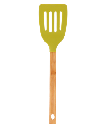 Silicone slotted turner with flat bamboo handle