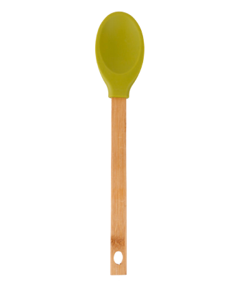 Silicone solid spoon with flat bamboo handle