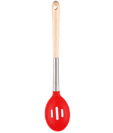 Silicone slotted spoon with SS and wooden handle